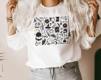 Halloween Sweatshirt, Halloween Doodles, Spooky Boo Long Sleeve Pullover, Fall Crewneck Sweater, Halloween College Party Outfit, Plus Size
