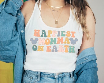 Happiest Momma On Earth Tank Top Vacation Shirt Family Shirt Vacation Tank Summer Tanks Colorful Retro Racerback Tank For Women Mom Shirts