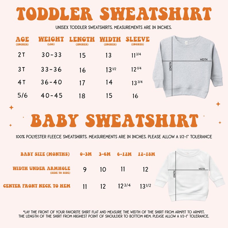 May include: A chart with size measurements for toddler and baby sweatshirts. The chart shows the age, weight, length, width, and sleeve length in inches. The chart is on a peach background with a white border. The chart is next to a picture of a gray sweatshirt.