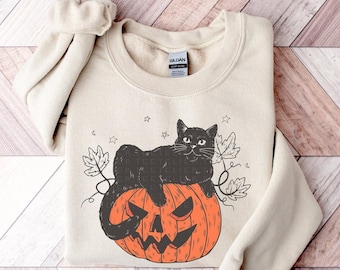 Halloween Sweatshirt Cute Halloween Black Cat Sweatshirts Spooky Pumpkin Halloween Shirt Crewneck Pullover Sweater Trendy Halloween Outfit
