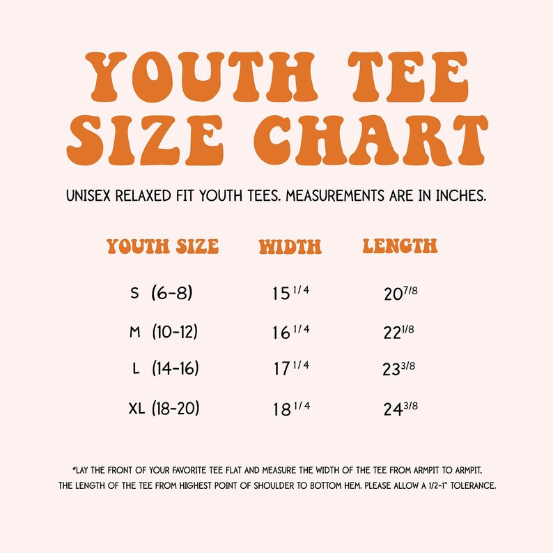 The image is a size chart for youth tees, providing measurements in inches for different age groups.