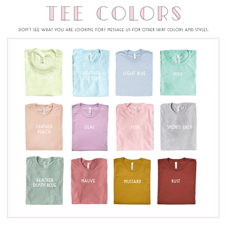 Puede incluir: Una tabla que muestra 12 colores de camiseta diferentes. Los colores son: citron, azul hielo jaspeado, azul claro, menta, melocot&oacute;n jaspeado, lila, rosa, gris deportivo, azul polvoriento jaspeado, malva, mostaza y &oacute;xido.