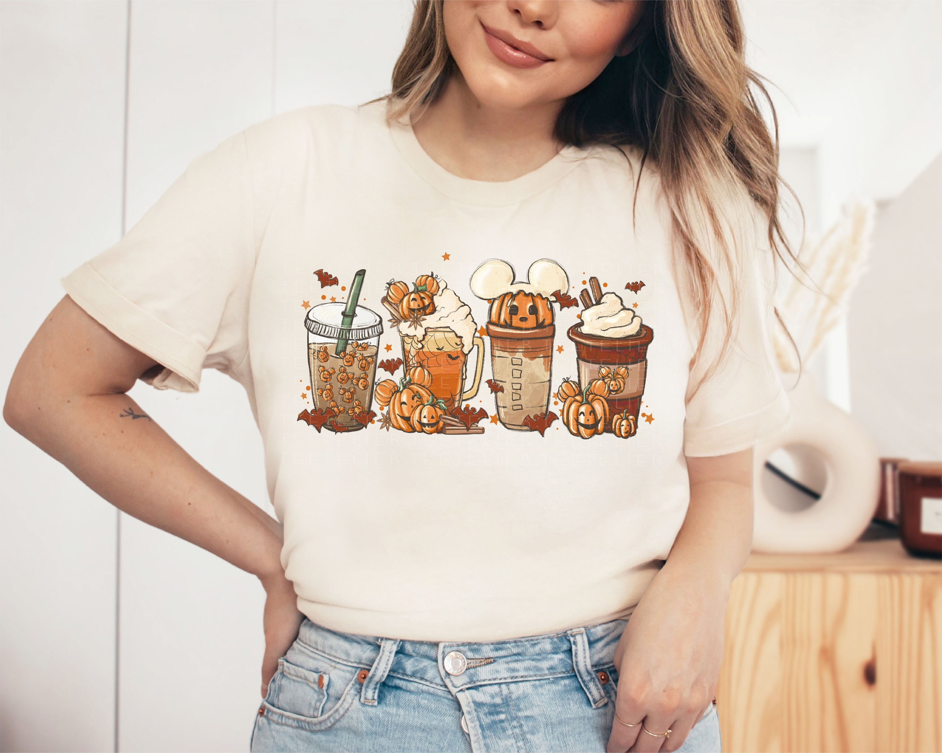 Fall Coffee Shirt Cute Halloween Fall Shirts Mouse Ears Coffee Lover T-Shirt Pumpkin Spice Latte Drink Cup PSL Lover Thanksgiving Shirt