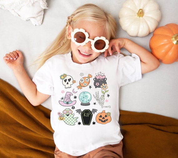 Halloween Shirt Kids Fall Shirts For Girls Cute Pumpkin T-Shirts Cute Groovy Halloween Shirts Toddler Tee Retro Halloween Doodles Shirt