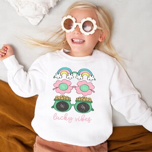 Lucky Vibes Sweatshirt, St Patricks Day Sweatshirts,Groovy Sunnies Rainbow St Patrick's,Retro St Paddys Lucky Shamrock Crewneck Kids Toddler image 1