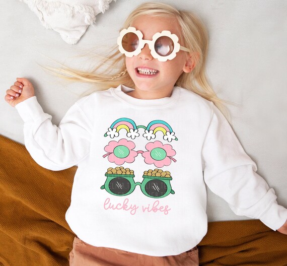 Lucky Vibes Sweatshirt, St Patricks Day Sweatshirts,Groovy Sunnies Rainbow St Patrick's,Retro St Paddys Lucky Shamrock Crewneck Kids Toddler