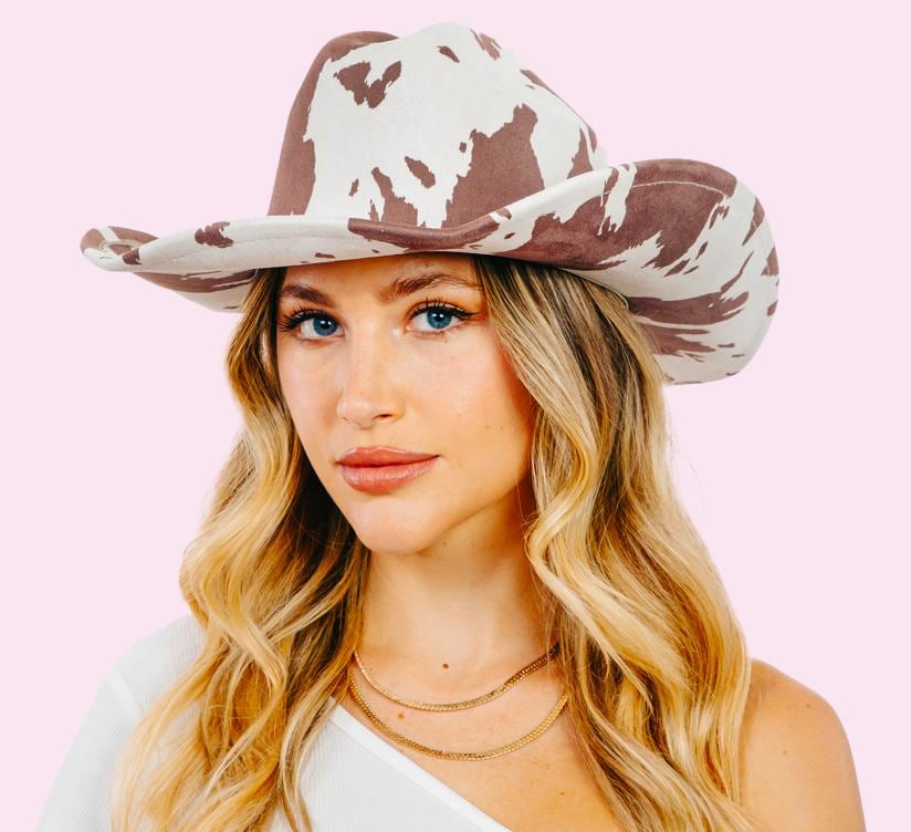 Cow Print Cowboy Hat Brown Rodeo Rhinestone Chin Strap 