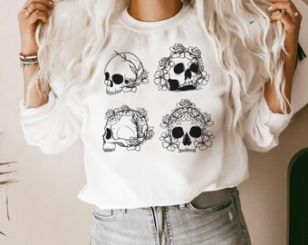 Halloween Sweatshirt Skull Sweater Spooky Skeleton Sweatshirt Halloween Crewneck Pullover College Party Outfit Plus Size