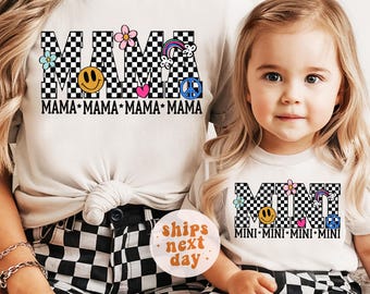 Mama Shirt Mini T-Shirt Mothers Day Shirts Groovy Mama Mommy & Me Matching Shirts Mama And Mini Checkered Retro Mom Daughter Tees Mom Gift