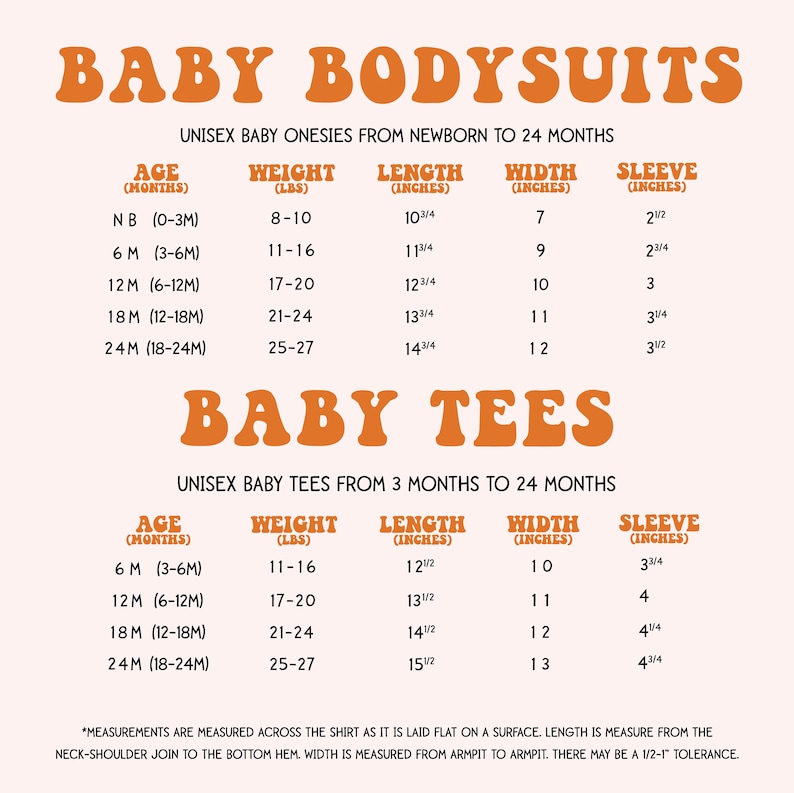 Puede incluir: Tabla que muestra las recomendaciones de talla y peso para bodys y camisetas para beb&eacute;s. La tabla incluye la edad en meses, el peso en libras, la longitud en pulgadas, el ancho en pulgadas y la longitud de la manga en pulgadas. La tabla es para ropa de beb&eacute; unisex desde reci&eacute;n nacido hasta 24 meses.