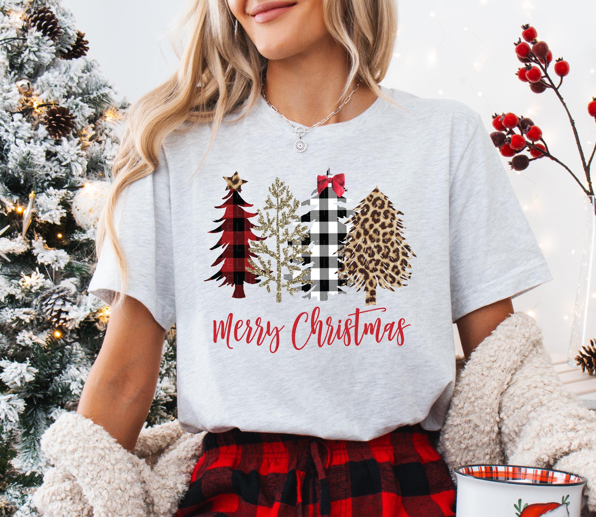 Women's Merry Christmas Leopard Tree Graphic Long Sleeve Tee – Buffalo Plaid Holiday Shirt - View #5