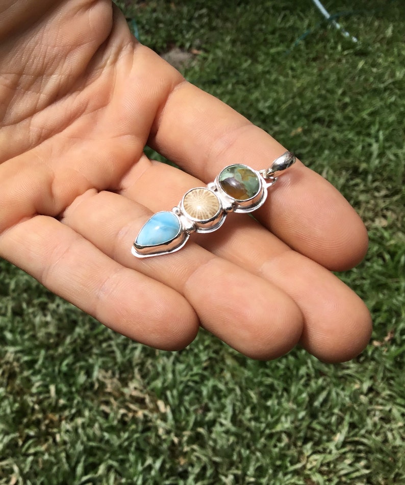 Fossilzed Coral Rainforest Jasper Unique Handmade Jewellery Tropical Ocean inspired Jewellery Larimar Sterling Silver PendantNecklace