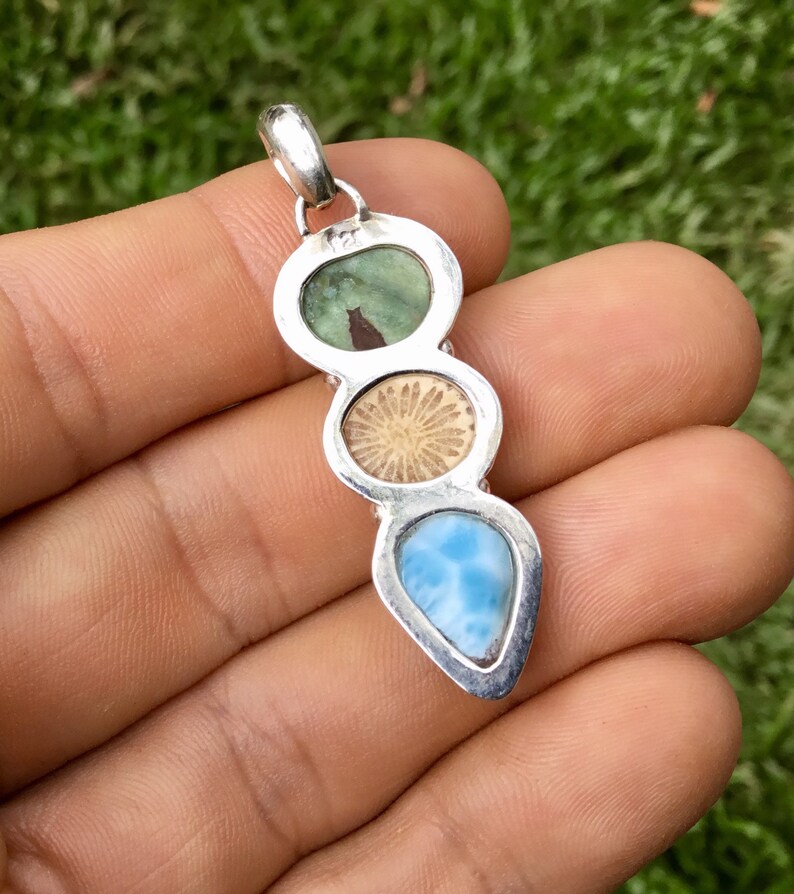 Fossilzed Coral Rainforest Jasper Unique Handmade Jewellery Tropical Ocean inspired Jewellery Larimar Sterling Silver PendantNecklace