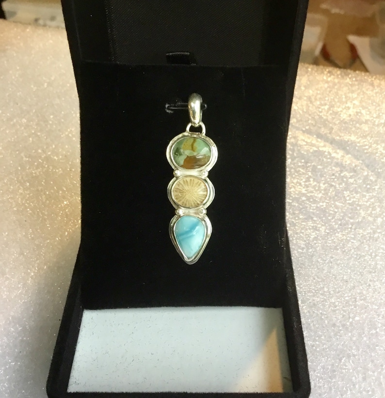 Fossilzed Coral Rainforest Jasper Unique Handmade Jewellery Tropical Ocean inspired Jewellery Larimar Sterling Silver PendantNecklace
