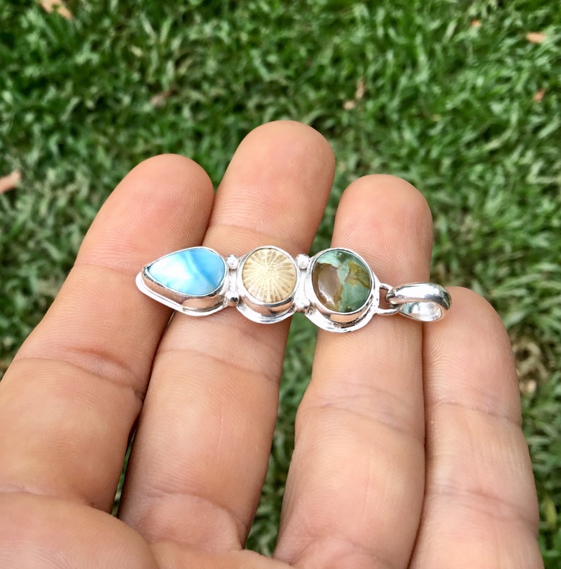 Fossilzed Coral Rainforest Jasper Unique Handmade Jewellery Tropical Ocean inspired Jewellery Larimar Sterling Silver PendantNecklace