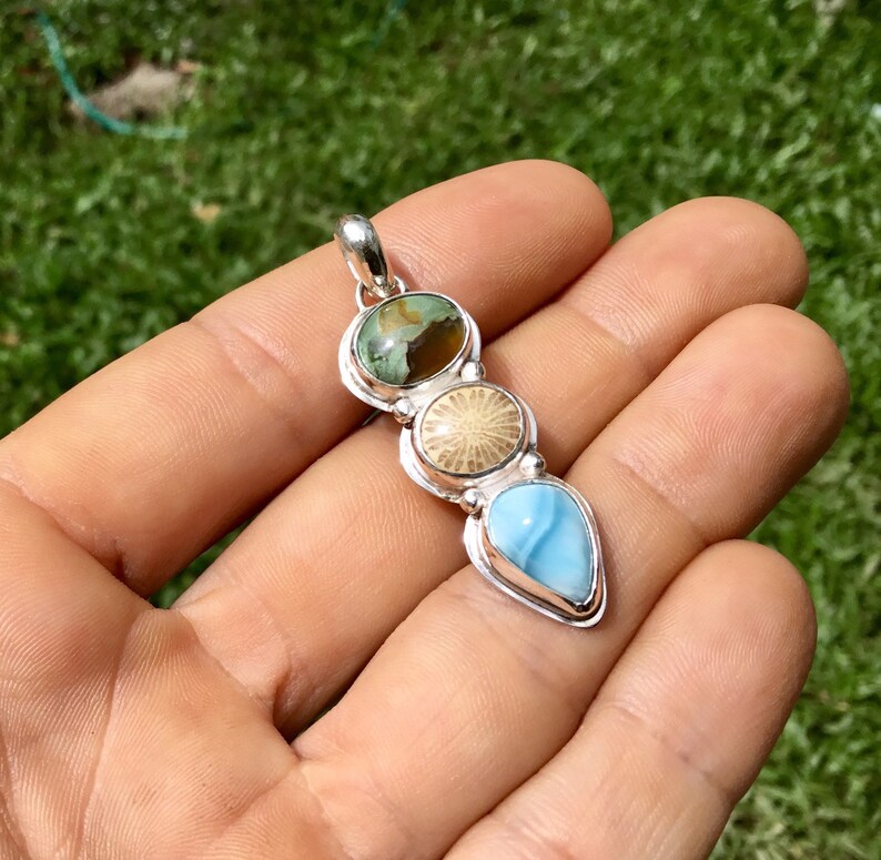 Fossilzed Coral Rainforest Jasper Unique Handmade Jewellery Tropical Ocean inspired Jewellery Larimar Sterling Silver PendantNecklace