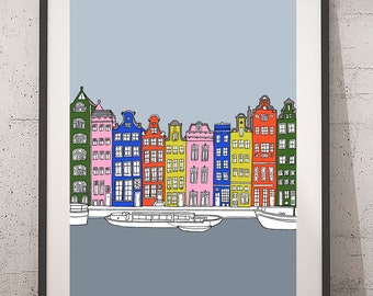 Amsterdam canal houses hand illustrated print