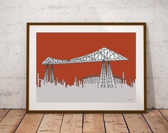 Transporter Bridge Riverside Stadium Teesside Skyline hand illustrated print