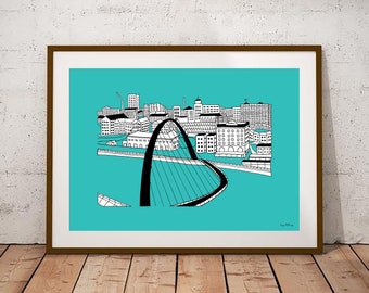 Millennium bridge, Newcastle hand illustrated print