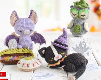 Halloween crochet Cat, Bat and Owl amigurumi pattern, PDF, Eng