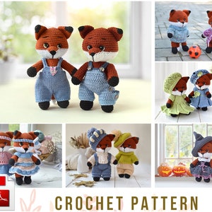 Crochet fox pattern with set of doll clothes pattern, Eng, Rus, pdf