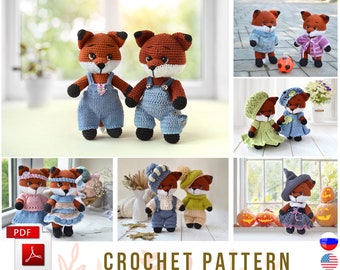 Crochet fox pattern with set of doll clothes pattern, Eng, Rus, pdf