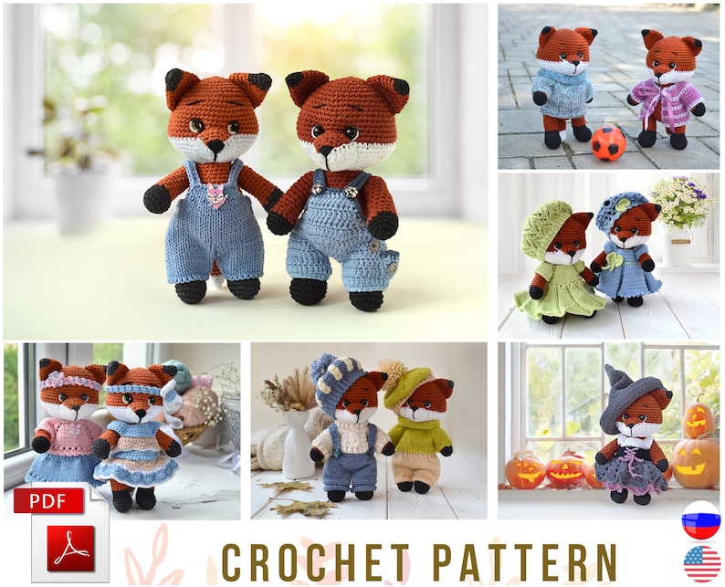 May include: Crochet pattern for making a fox amigurumi toy. The pattern includes instructions for making different outfits for the fox, including overalls, dresses, and a witch's hat. The pattern is available in both English and Russian.