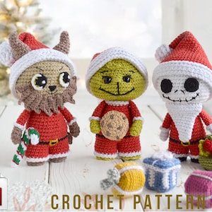 May include: Crochet pattern featuring three whimsical Christmas characters: a creature with horns, a green character holding a cookie, and a Jack Skellington-inspired figure. Each wears a Santa hat and red outfit. Additional crochet ornaments are also shown.