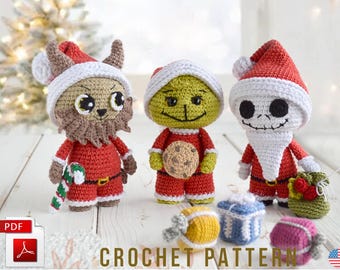 Christmas crochet doll pattern: Grinch, Skellington, Krampus in Santa hats; Pdf, Eng