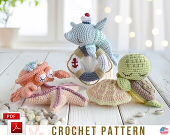 Tortuga en crochet, Delfín en crochet, Cangrejo en crochet: Patrón Amigurumi bajo el mar, PDF, ING