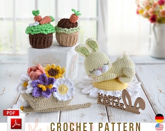 Crochet Easter Bunny sleeping in flowers crochet amigurumi pattern, Pdf, Eng, Ger