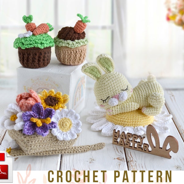 Crochet Easter Bunny sleeping in flowers crochet amigurumi pattern, Pdf, Eng, Ger