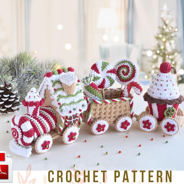 Kerstamigurumipatroon Gingerbread Train Engine, kerstornament Gingerbread House Train amigurumi-tutorial, Eng/Der/Fra/Ita/Esp