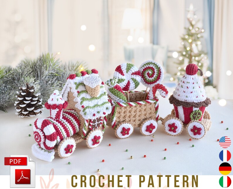 Christmas amigurumi pattern Gingerbread Train Engine, Christmas ornament Gingerbread House Crochet Train amigurumi tutorial, Eng/Ger/Fra/Ita image 1