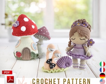 Forest Fairy Doll with Crochet Mushroom House Crochet Amigurumi Pattern, Pdf, Eng/Ger/Ita/Fra