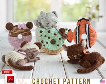 Crochet Cat Amigurumi Pattern: Kittens Sleeping on Donut Pillows (PDF, Eng)