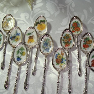Puede incluir: Conjunto de 16 cucharaditas de plata con diseños florales en el cuenco. Cada cuchara presenta un patrón floral diferente en tonos de rosa, amarillo, azul y verde.