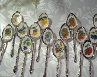 May include: Set of 16 silver teaspoons with floral designs on the bowl. Each spoon features a different floral pattern in shades of pink, yellow, blue, and green.