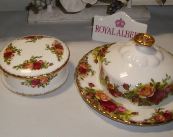 Royal albert old country roses ronde botervloot met dekselpotje in mooie staat