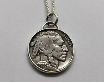 Handmade Vintage Coin Pendant, USA Buffalo Nickel Coin Sterling Silver Necklace