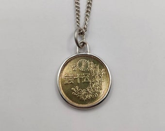 Handmade Vintage Coin Pendant, Japanese Cherry Blossom Wreath 50 Sen Coin Sterling Silver Necklace