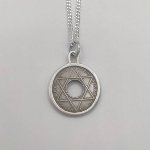 Handmade Vintage Coin Pendant, British West Africa Hexagram  Coin Sterling Silver Necklace