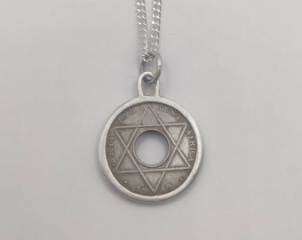 Handmade Vintage Coin Pendant, British West Africa Hexagram  Coin Sterling Silver Necklace