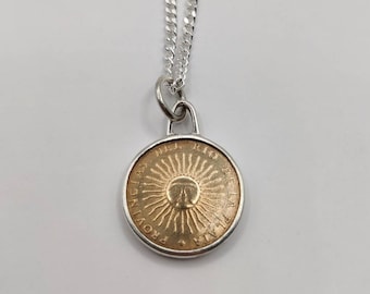 Handmade Vintage Coin Pendant, Argentinian Sun Coin Sterling Silver Necklace