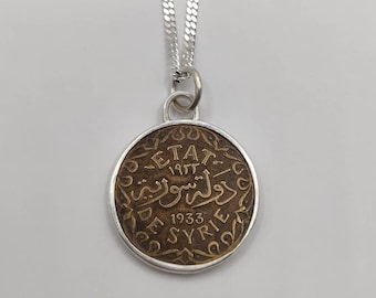 Handmade Vintage Coin Pendant, Syrian Bronze 1933 Coin Sterling Silver Necklace