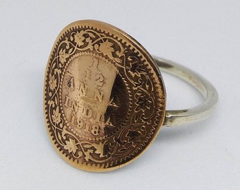 Handmade Vintage Coin Ring, British India Antique Anna Coin Sterling Silver Ring