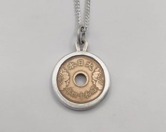 Handmade Vintage Coin Pendant, Japanese 5 Sen Shōwa Era Coin Sterling Silver Necklace