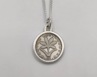 Handmade Vintage Coin Pendant, Hungarian Crocus Flower Coin Sterling Silver Necklace