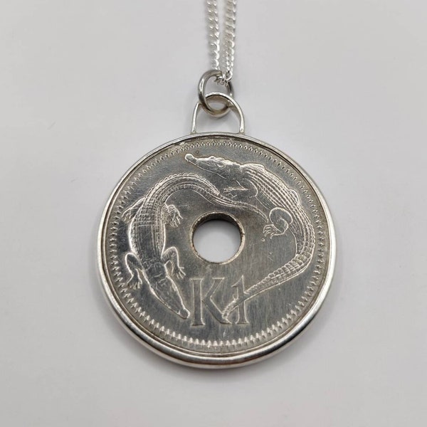 Pendentif pièce de monnaie fait main, collier en argent sterling crocodile de Papouasie-Nouvelle-Guinée