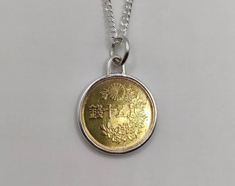 Handmade Vintage Coin Pendant, Japanese 50 Sen Shōwa Coin Sterling Silver Necklace